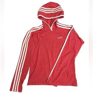 ADIDAS Top Womens Small Hooded Red White Long Sleeve Script Lightweight Pullover